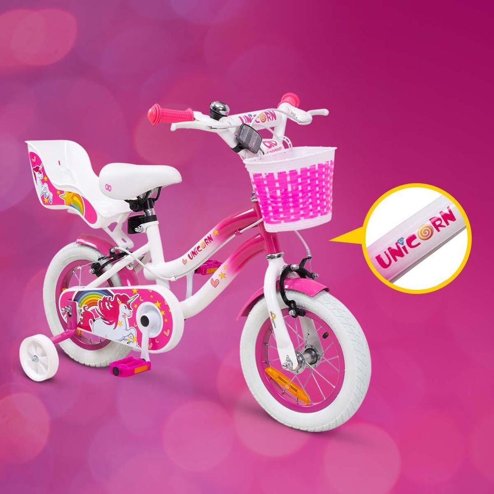 Actionbikes Kinderfahrrad Unicorn 12 Zoll | Kinder Fahrrad - V-Brake Bremsen - Kettenschutz - Fahrradständer - Antirutschgriffe - 6-9 Jahre (Pink)