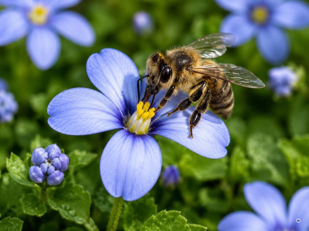 Makro: himmelblaue Sternblüte im Detail.