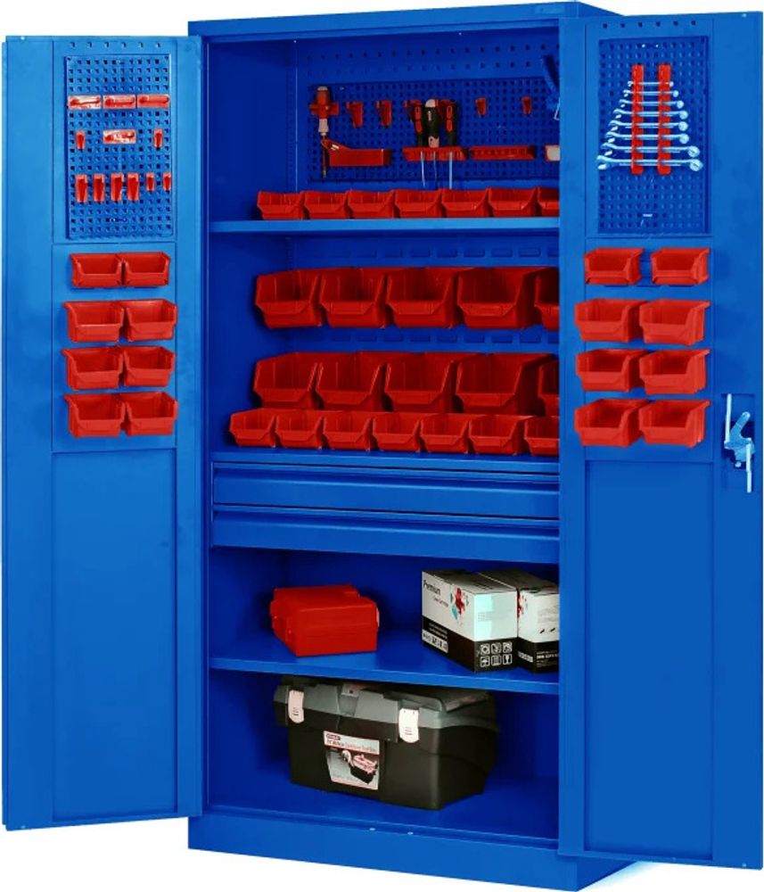 Werkzeugschrank Werkstattschrank mit Schubladen Flügeltüren 3 Fachböden Pulverbeschichtung 185 cm x 92 cm x 50 cm, Farbe: Blau