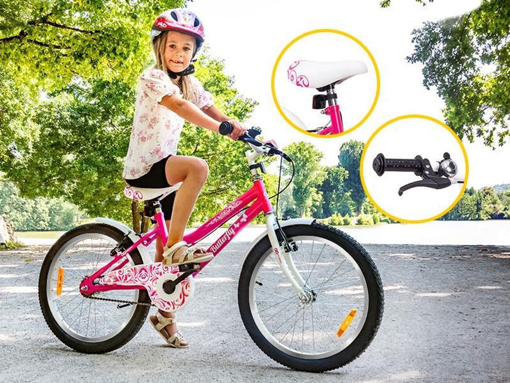 Actionbikes Kinderfahrrad Butterfly 20 Zoll | Kinder & Jugend Fahrrad - V-Brake Bremsen - Kettenschutz - Fahrradständer - 6-9 Jahre (Weiß/Pink)