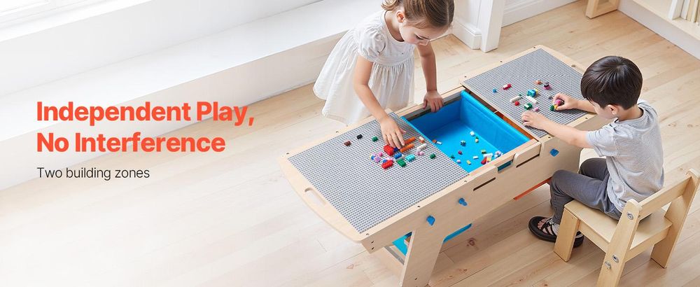VEVOR Kindertisch 905 x 497 x 393 mm, Aktivitätstisch aus Holz, Mehrzweck-Spieltisch mit 200 Bausteinen und 3 Aufbewahrungsbehältern, Bausteintisch, Geschenk für Kinder ab 3 Jahren, Holzfarbe