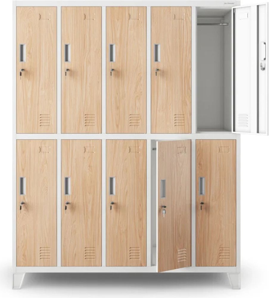 Umkleideschrank 5B2A Spind Spint Schließfachschrank Metallschrank mit 10 Fächern Etikettenhalter Lüftungsschlitze Metall Pulverbeschichtet 172 cm x 136 cm x 45 cm (H x B x T) Farbe: Weiß-Holzoptik