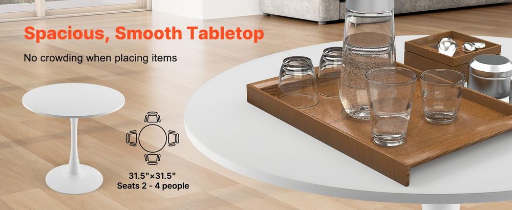 VEVOR runder Esstisch Küchentisch Holztisch (80 cm / 113,4 kg belastbar) für 2–4 Personen, moderne Bürotische mit Säulenfuß im Tulpendesign, für Küche zu Hause Wohnzimmer, weiß (nur Tisch)