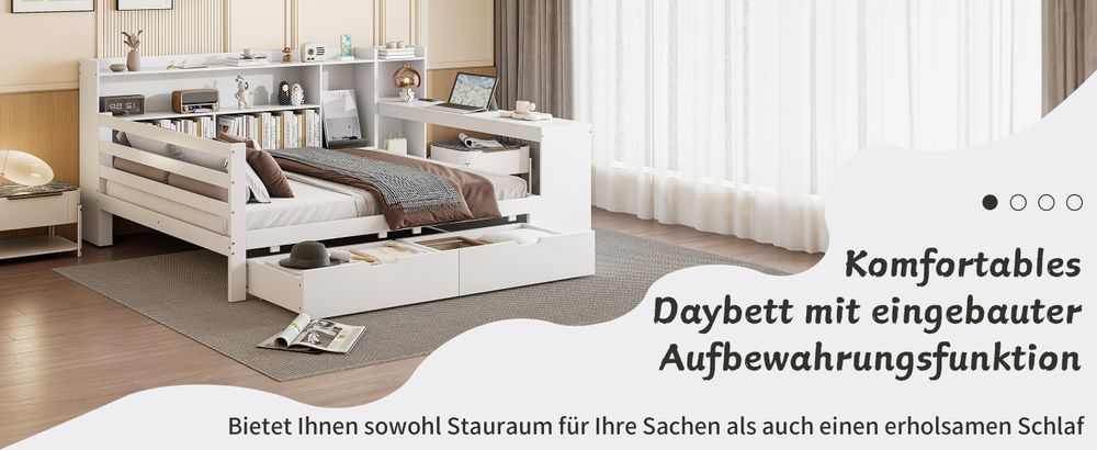 MODFU Schlafsofa Holzbett Kinderbett Jugendbett, 140*200 cm, Mit Schreibtisch Bücherregal Ablagefächern und Regalen, Mit Steckdose, Mit 2  Ablagefächern, Weiß  ohne Matratze