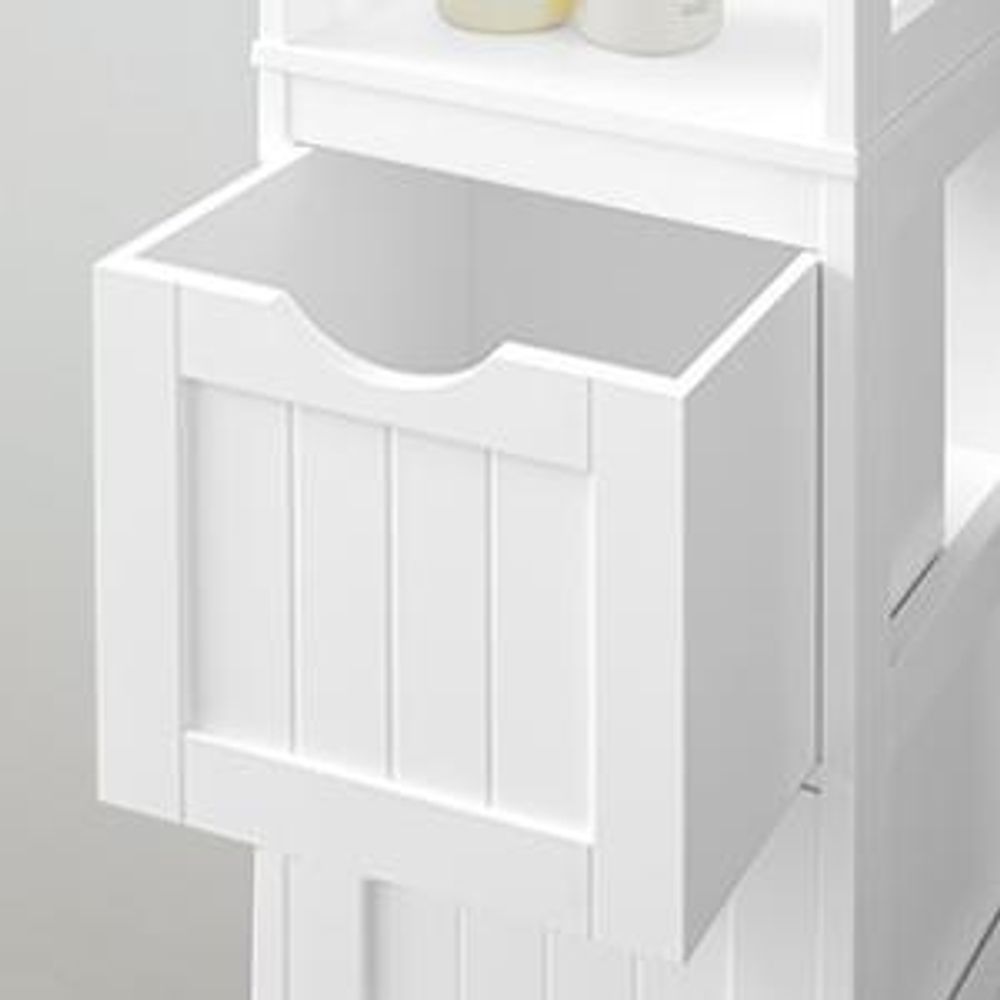 VASAGLE Hochschrank Badezimmer, Badezimmerschrank schmal, 2 Schubladen, 3 offene Fächer, 30 x 30 x 141,5 cm, Weiß