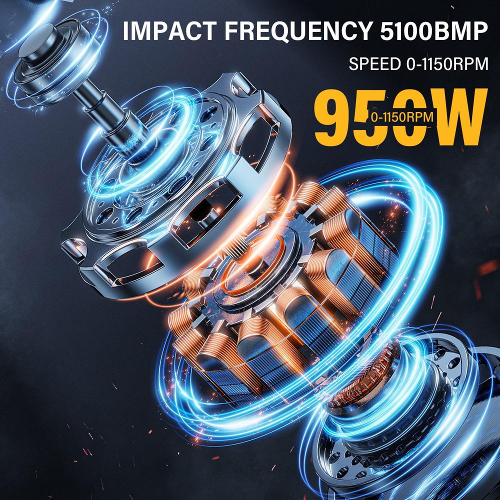 TEENO Bohrhammer 950 W kabelgebundener SDS-Plus mit 17 Zubehörteilen, 0–1150 U/min/5100 BPM Schlagbohrmaschine mit 4 Funktionen und Sicherheitskupplun