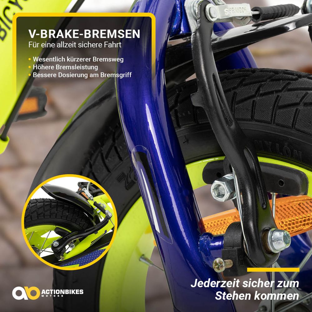 Actionbikes Kinderfahrrad Turbo 12 Zoll | Kinder Fahrrad - V-Brake Bremsen - Kettenschutz - Jungenfahrrad - Junge - Stützräder - 2-5 Jahre (Gelb/Blau)