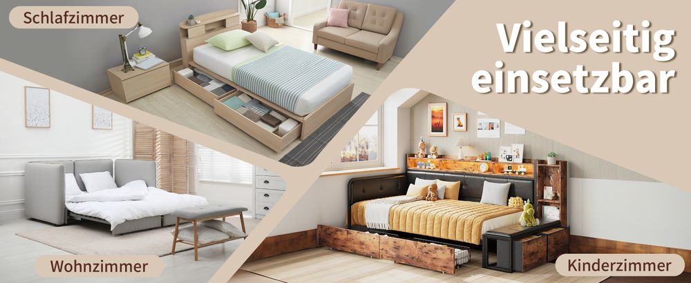 okwish Daybett Polsterbett 140x200, Schlafsofa mit LED-Licht und USB-Ladeanschluss,mit Rückenlehne und Kopfteil,Samtstoff,Beige-Ohne Matratze