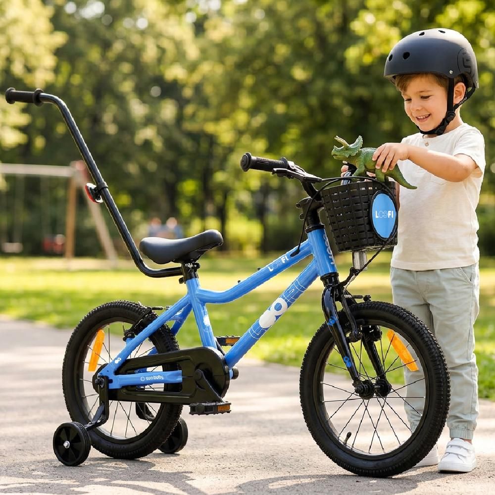 Vélo pour enfants SUN BABY LOOFI 16 pouces, vélo léger en aluminium de 6,9 kg pour les enfants à partir de 4 ans, avec roues stabilisatrices, panier et sonnette, pour garçons et filles