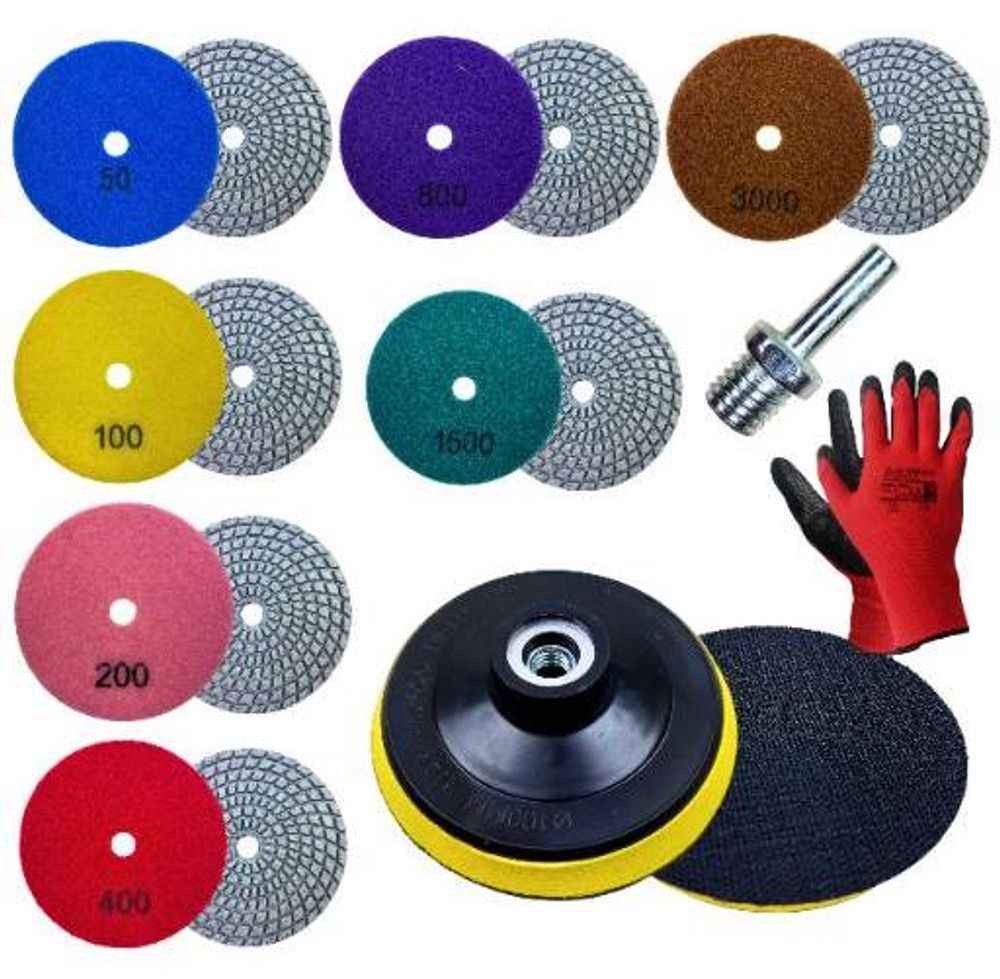 Diamantpolierscheiben 100mm (#50 #100 #200 #400 #800 #1500 #3000), GRES Fliesenschleifset, 8 Stück + e Handschuhe