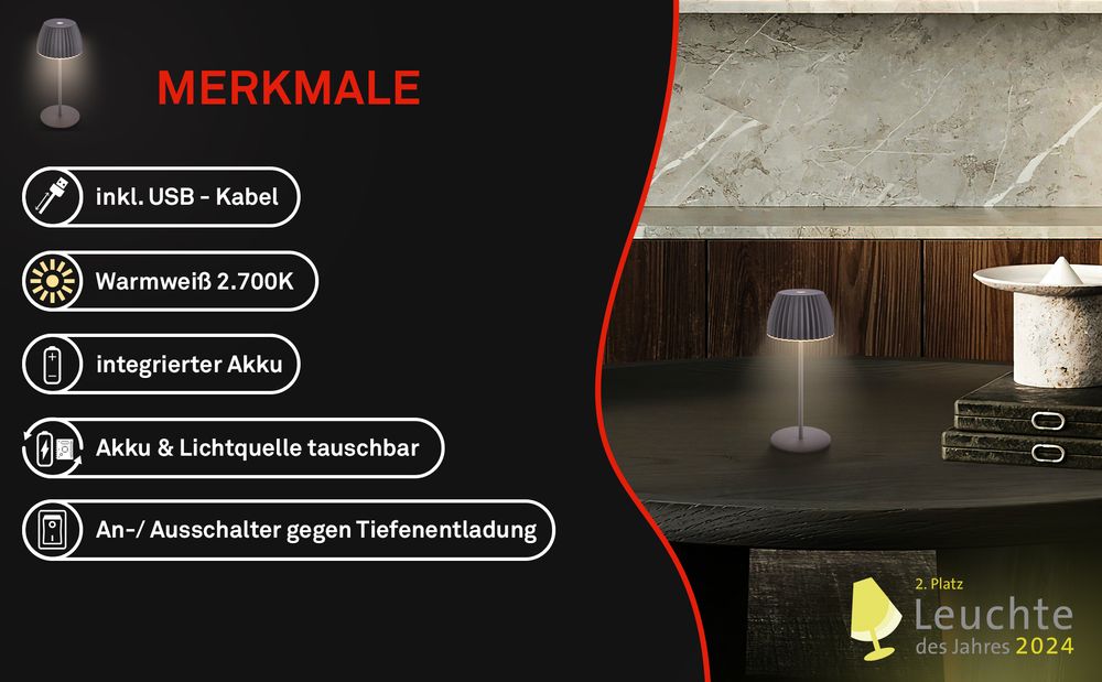 Riffle Mini LED Tischlampe Akku Tischleuchte Dimmbar Kabellos IP44 Anthrazit