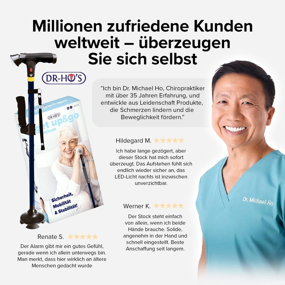 Dr. Michael Ho mit dem DR-HO’S Get Up & Go Gehstock für den Alltag