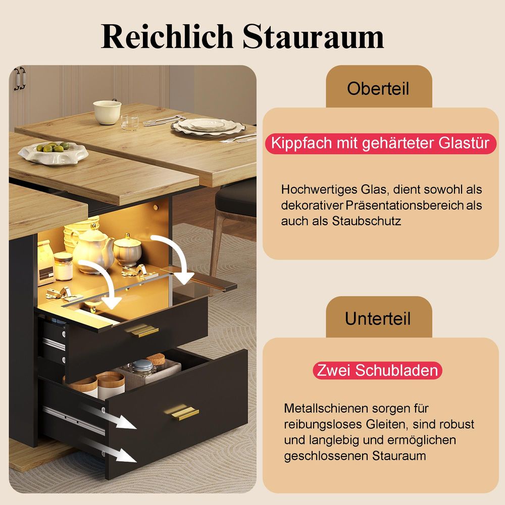 STILVORA Esstisch mit LED-Beleuchtung, Ausziehbarer Esszimmertisch für 6 Personen, Tischbeine mit Stauraum, für Terrasse und Garten, Ausziehbares Tischplatten-Design