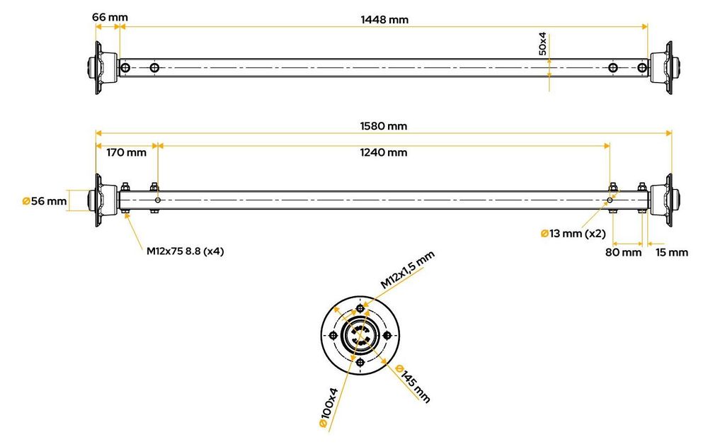 KNOTT Starrachse 750 kg mit 1240 mm Lochabstand für Pkw-Anhänger