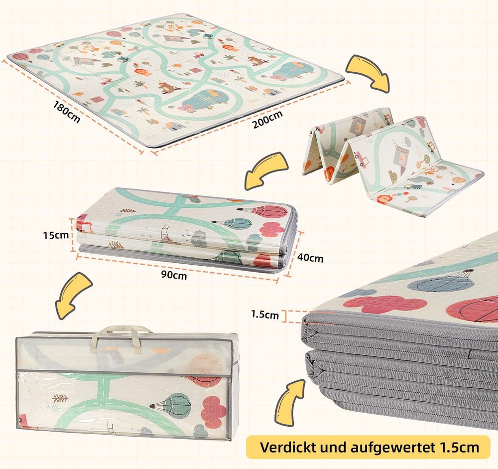 Große Krabbelmatte Baby 180x200, Faltbare Spielmatte 1cm Dick, Rutschfeste Wasserdichte Baby Matte mit Tragetasche Playmat für Baby & Kinder