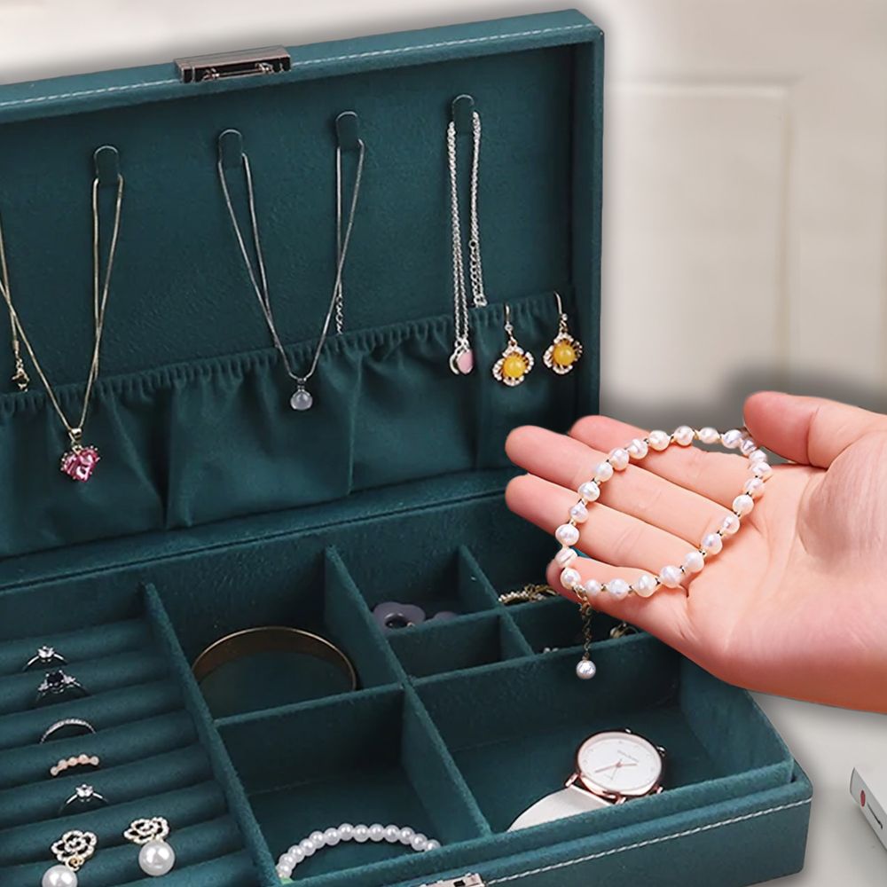 Schmuckkästchen, Schmuckschatulle aus Samt mit 2 Ebenen, Schmuckbox, Schmuckschatulle, Schmuckkoffer für Damen, Aufbewahrungskoffer Retoo