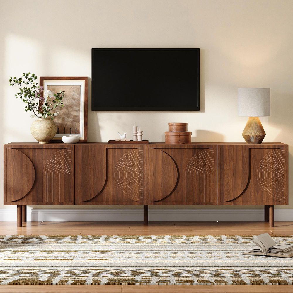 Merax TV Lowboard TV-Schrank mit 4 Türen und 2 Staufächer, 180cm Fernsehtisch mit 3D Reliefdesign, Soft Close, TV Board für 75 Zoll, Walnuss Optik