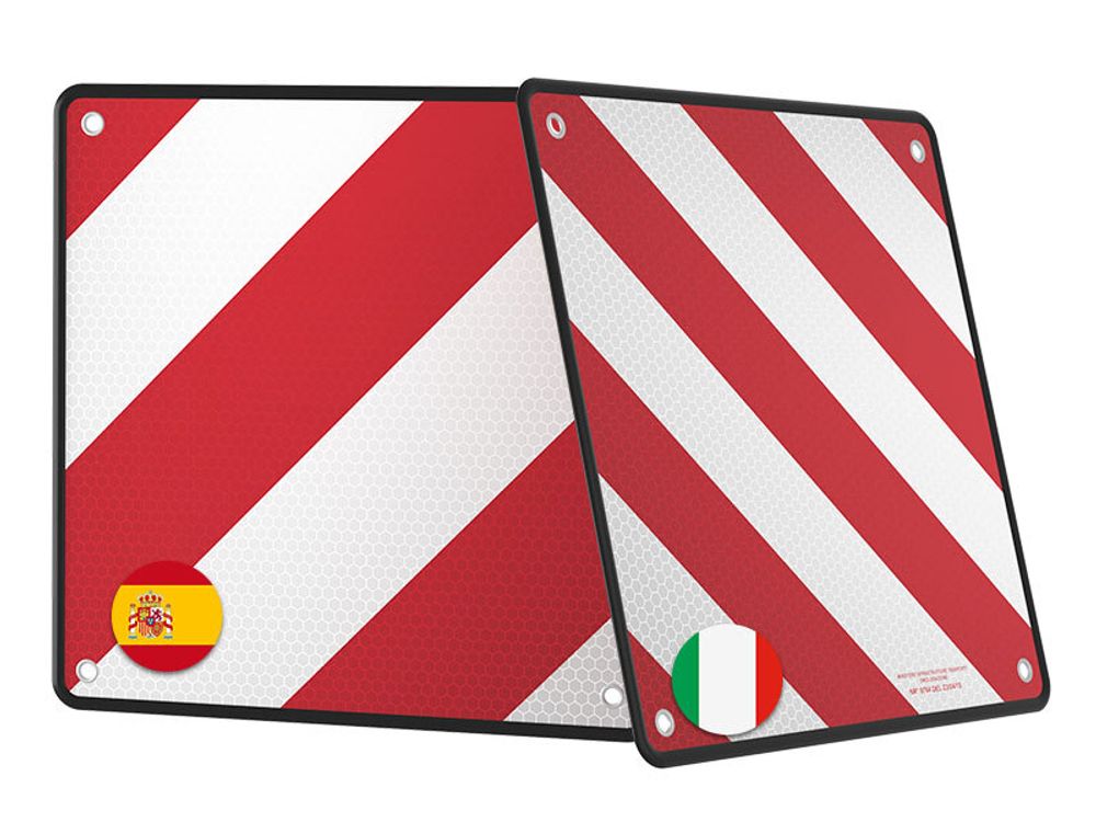 Wiltec 2in1 rot weiße Warntafel Spanien und Italien aus Aluminium mit Befestigungslöchern 500x500 mm reflektierend Warnschild für Fahrradträger und Heckträger zur Kennzeichnung überstehender Ladung