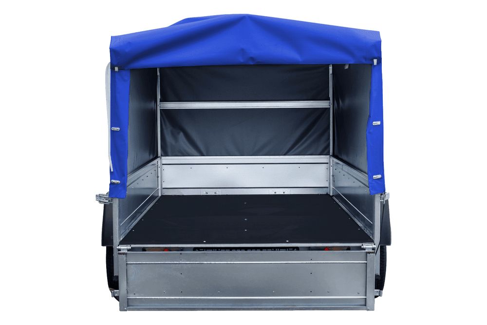 Auto Anhänger 230x125 Garden Trailer 230 KIPP Unitrailer 750 kg mit Stützrad, blauer Hochplane und Hochspriegel