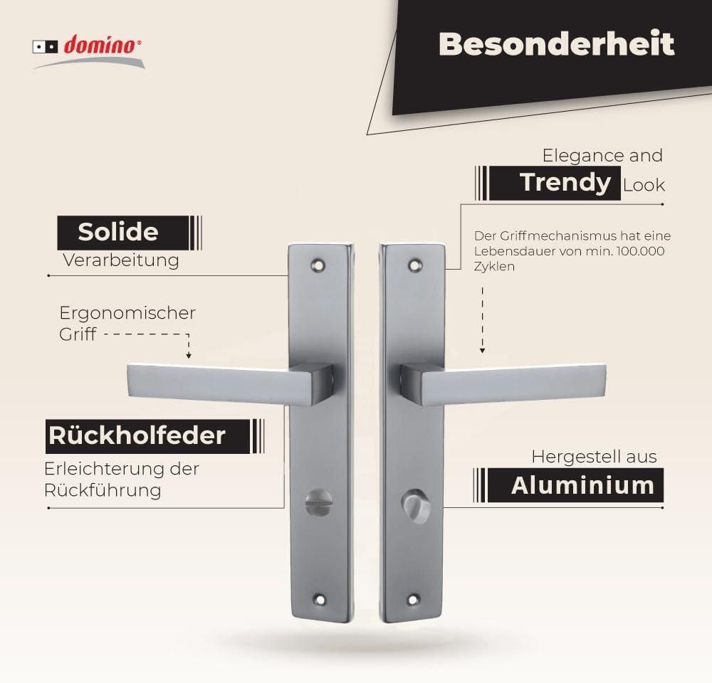 DOMINO Türgriff 78 Drückergarnitur WC - Badezimmer Set | Links & Rechts Türbeschlag für WC/Badezimmertüren | L-Form | Türbeschläge aus Aluminium | Satin Chrome Light Türdrückergarnitur| QUBIK M45