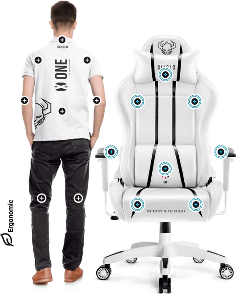 Diablo X-One 2.0 Gaming Stuhl Bürostuhl Schreibtischstuhl Verstellbare Armlehnen Ergonomisches Design Nacken/-Lendenkissen, Farbe: Weiß, Größe King