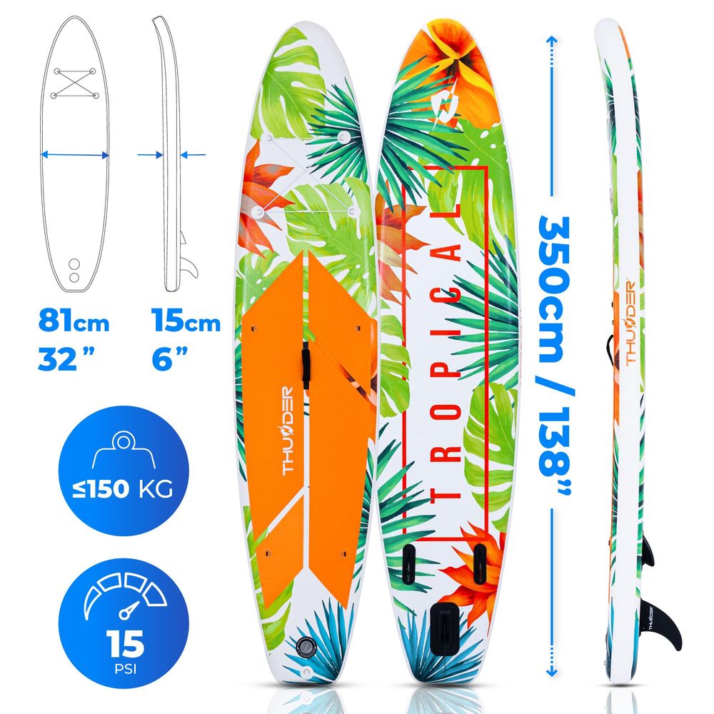 THUNDER Tropi-Light Stand Up Paddle Board 350x81x15cm Grün Orange Weiß bis 150 kg