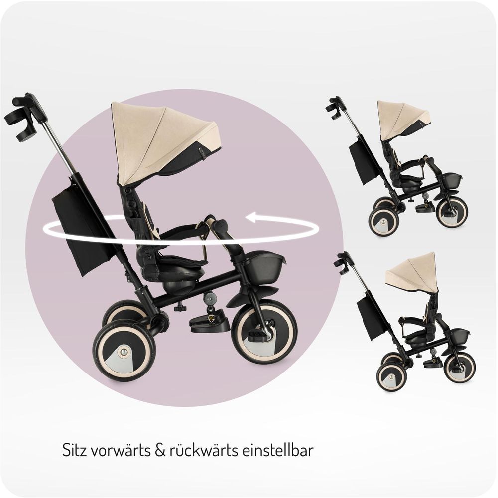 MoMi IVI Kinderdreirad 3-in-1 Beige – 360° drehbarer Sitz, 3-Punkt-Gurt, höhenverstellbare Schiebestange, Sonnendach, PolyurethanRäder, Frontkorb – ab 9 Monaten