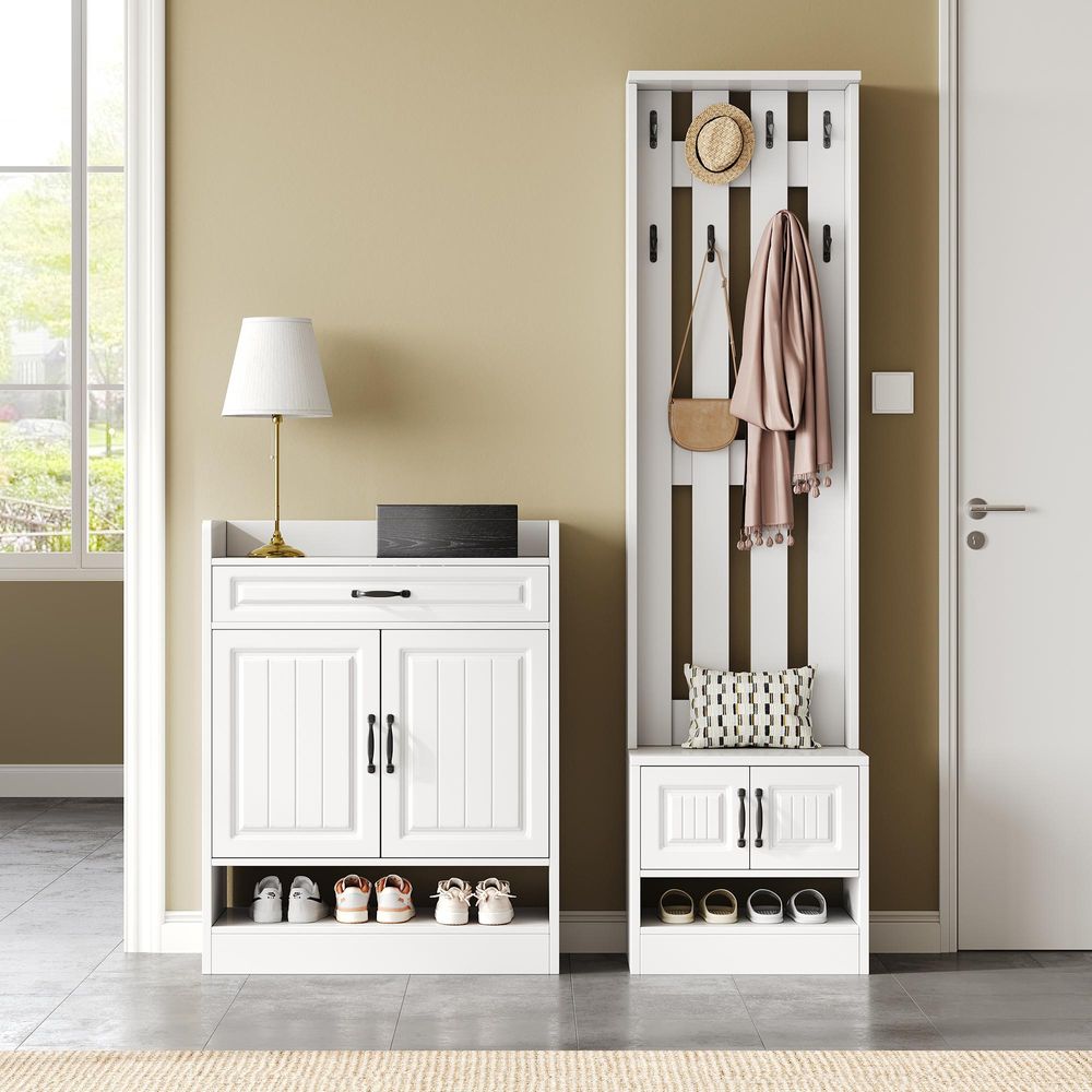 Merax Garderobenset 2-teilig, Wandgarderobe mit Schuhbank & Schuhschrank, 8 Haken, 4 Türen, 1 Schublade, Flurmöbel, 125×36×190 cm, Weiß