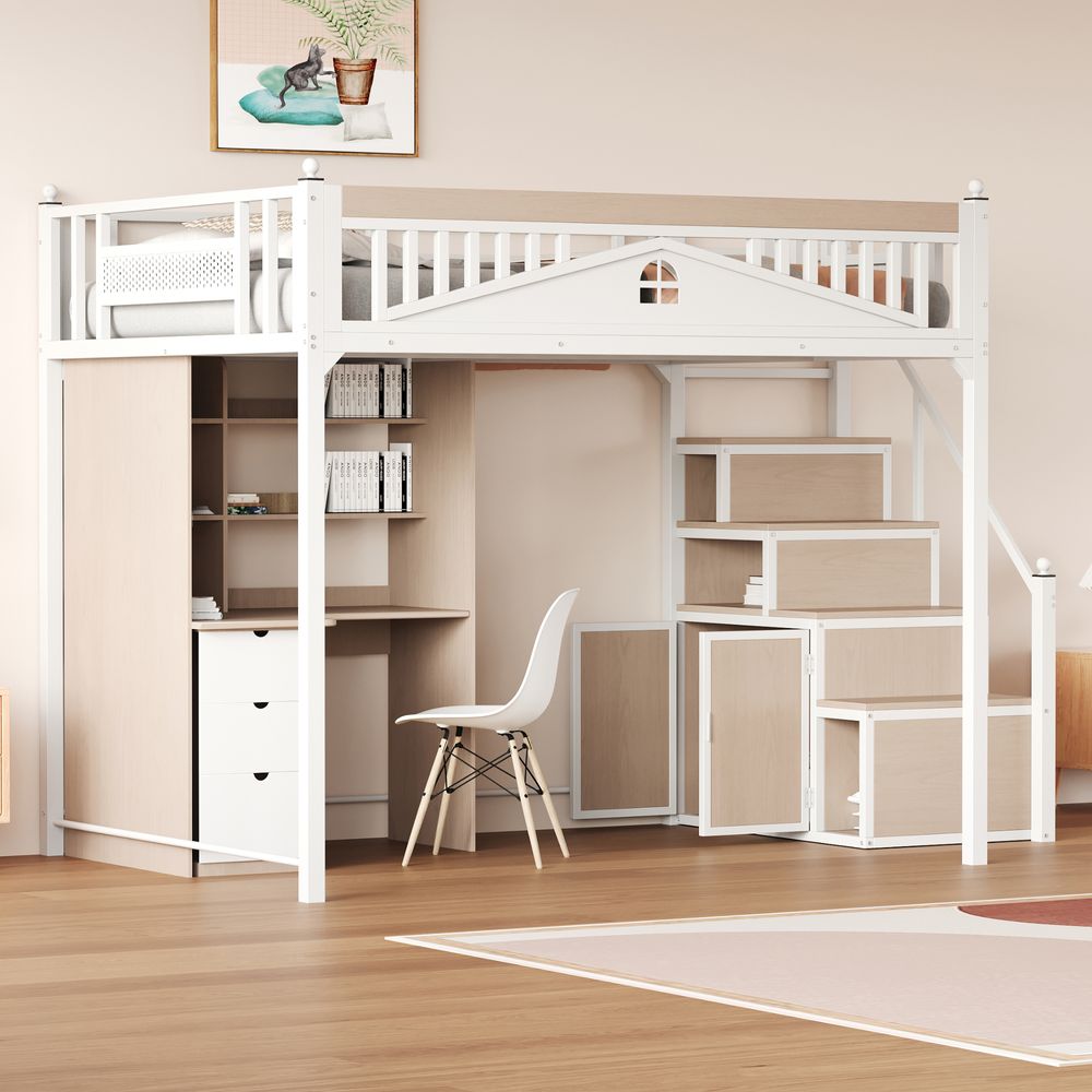 Merax Hochbett 140x200 cm mit Treppenstauraum und Schrank, Etagenbett Tragkraft 120 kg, Modernes Loftbett für Jugendliche & Erwachsene, Weiß