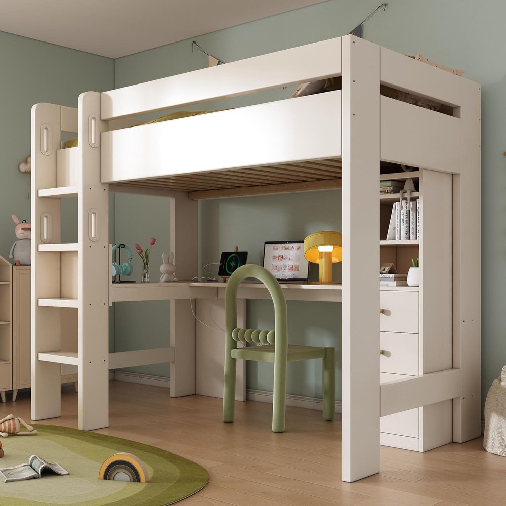 Merax Hochbett Kinderbett 90x200cm mit L-förmigem Schreibtisch, Jugendbett mit Regalen, USB-C Ladebereich,  Etagenbett, Weiß, ohne Matratze