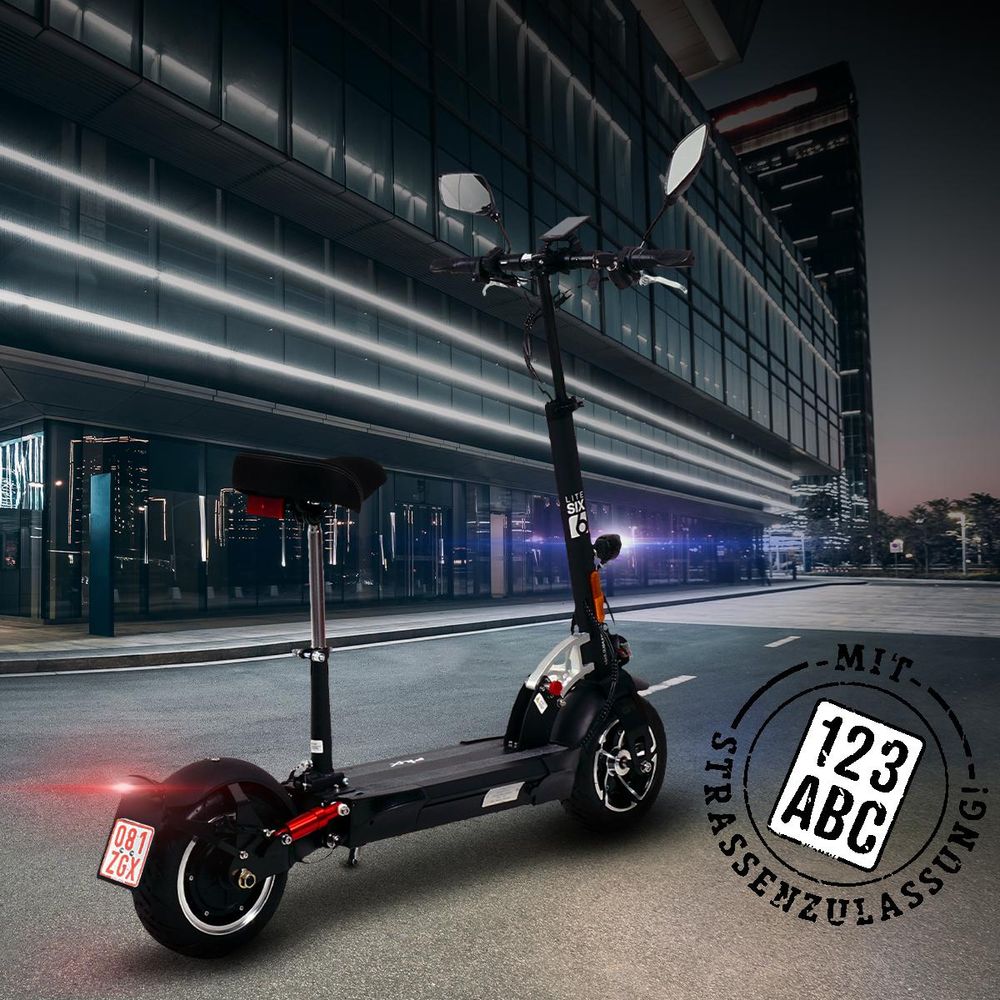 eFlux Lite Six E-Scooter | Mit Straßenzulassung - E-Roller - Elektro Roller mit Sitz - Stoßdämpfer - 3 Geschwindigkeitsstufen - Einstellbare Sitzhöhe