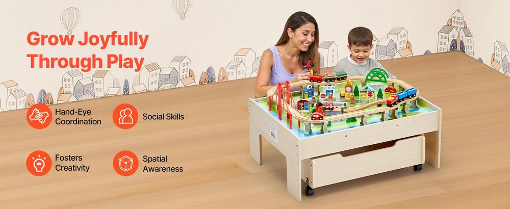 VEVOR Zugtisch, 120 mehrfarbige Holzstücke, Aktivitätstisch für Kinder mit zusammenklappbarem Aufbewahrungsbehälter, 3-in-1 Holz-Zugset zum Spielen, Zeichnen, Lesen, Essen, kreatives Spielzeugset für Kinder ab 3 Jahren, 31x25x13 Zoll