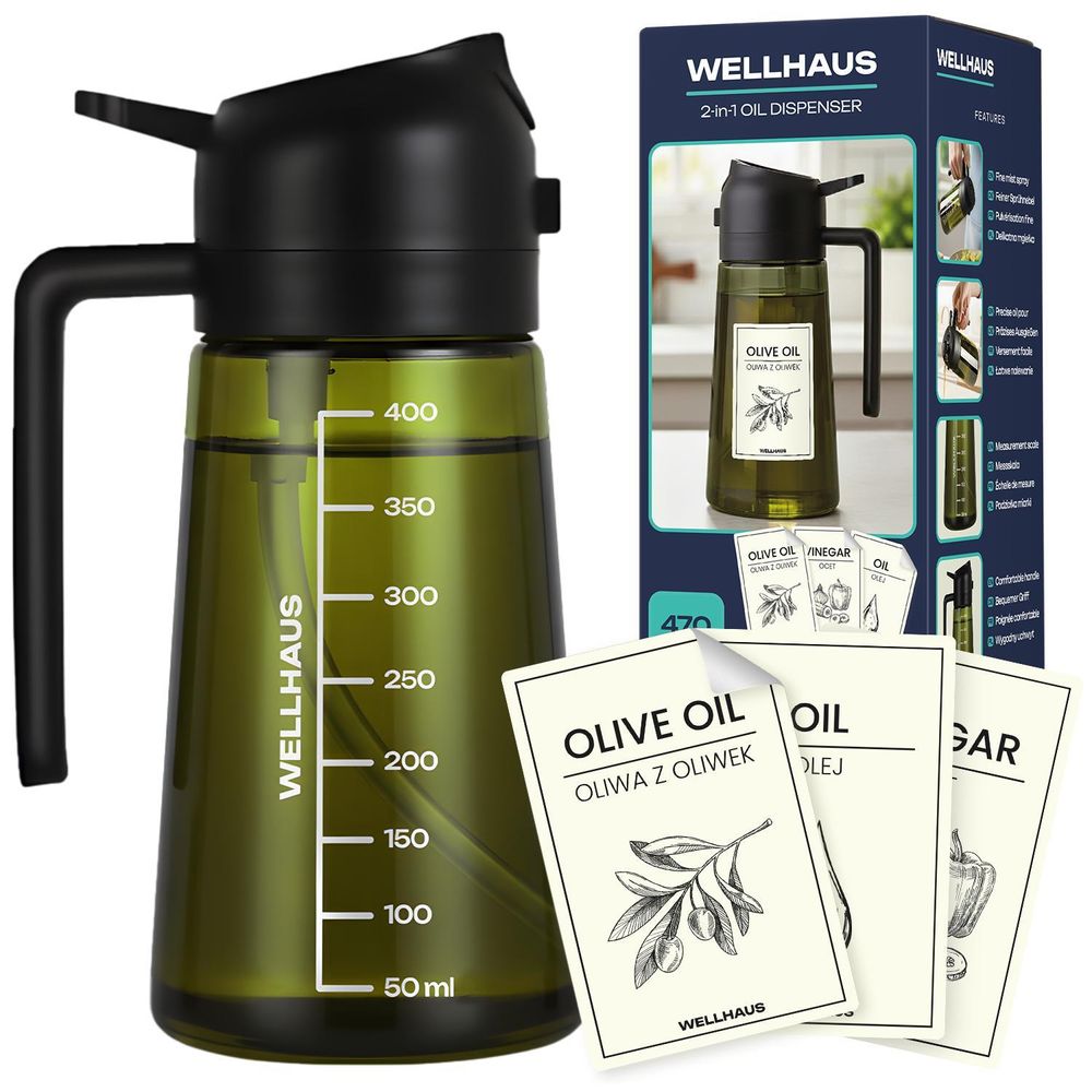 WELLHAUS Olivenölspender & Ölsprüher 2in1 – 470 ml Glas Ölspender mit UV-Schutz, lichtdicht, Ölausgießer & Ölsprühflasche für Heißluftfritteuse, Küche, Kochen, Braten, Salat, Grill & BBQ (Schwarz)