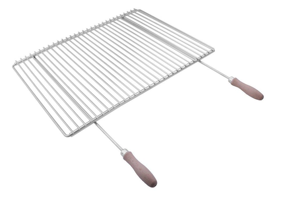 Griglia regolabile in acciaio inox 60–70 × 45 cm con manici in legno – dettaglio costruttivo