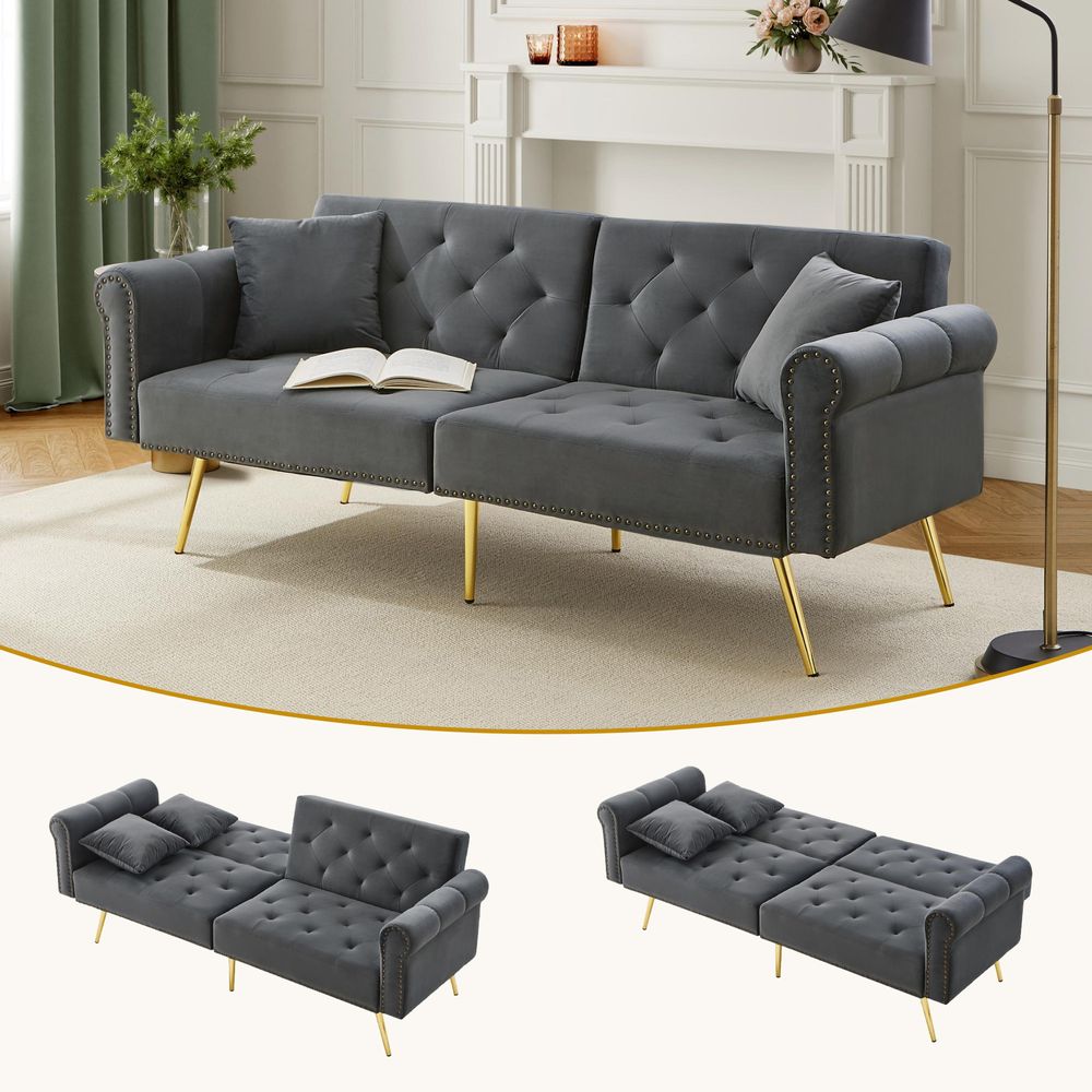 Merax 2-Sitzer Schlafsofa mit Schlaffunktion und Verstellbare Rückenlehne, Samtbezug & goldene Metallfüße – Inkl. Kissen & Stauraum, Grau