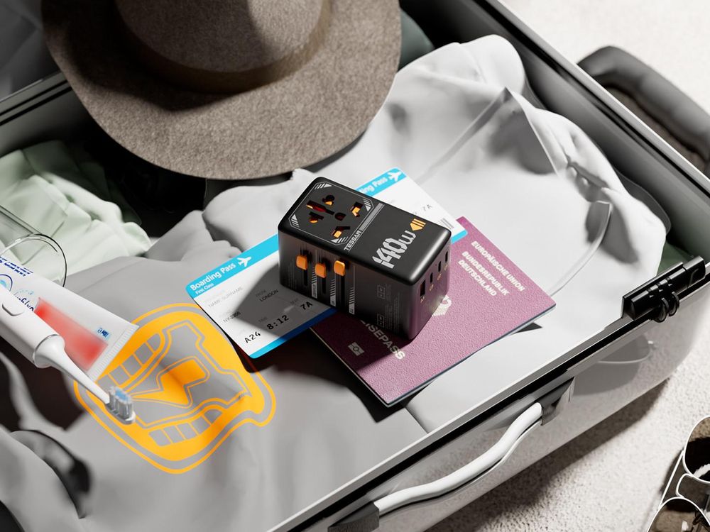 TESSAN Universal Reiseadapter 140W GaN Internationaler Steckeradapter mit 3 USB-C und 1 USB-A Typ C/G/A/I Schwarz