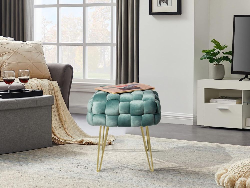 Theo&Cleo Moderner Velvet Kosmetik Hocker, Quadratisch Ottoman-Fußhockermit goldfarbenen Metallbeinen, Gepolsterte Sitzhocker,Strick Samt Hocker