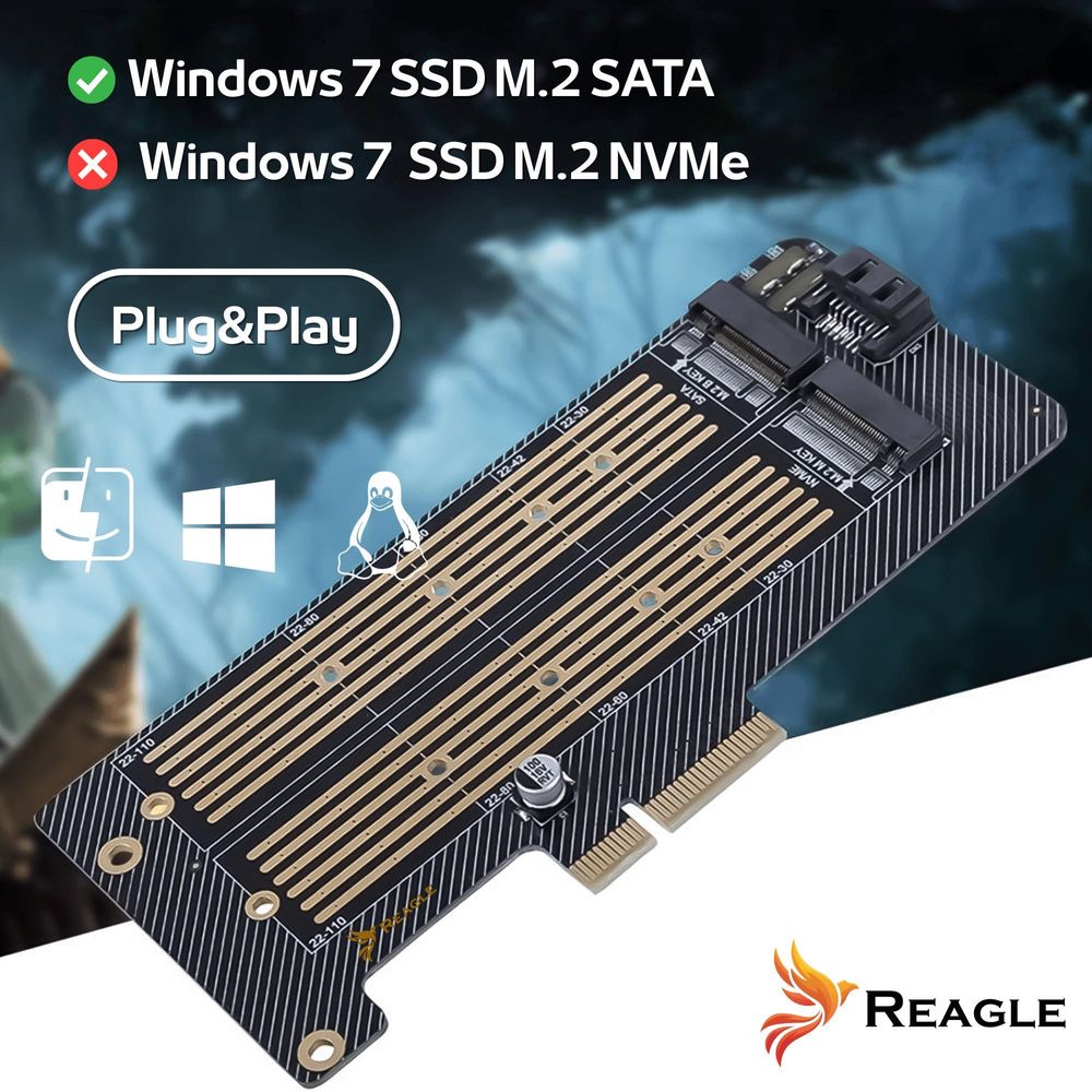 M.2 NVMe SATA SSD PCIe Erweiterungskarte Adapter 2in1 64Gbps für 2 Laufwerke gleichzeitig PCIe 4.0 Unterstützung 22110 2280 Windows Mac Linux Reagle