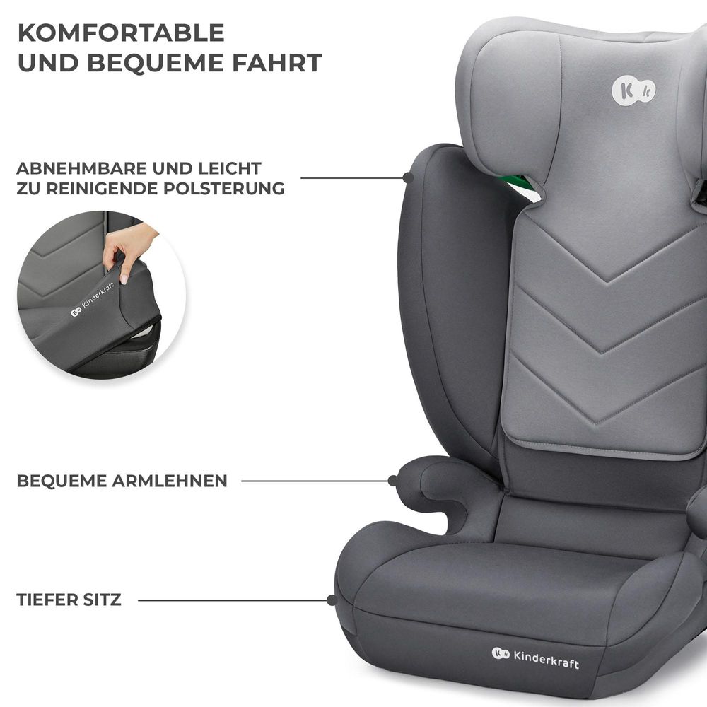 Kinderkraft I-SPARK 2in1 Kindersitz 100-150 cm (3,5-12 Jahre) - i-Size Standard - Leicht - H-GUARD Kopfstütze - SPS Seitenaufprallschutz - Grau