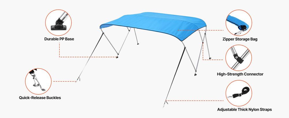 VEVOR 3 Bogen Boot Bimini Tops, 600D Polyester Dach mit Aluminiumlegierungsrahmen, wasserdichtes & Sonnenschutz Bootsunterschlupf mit Tragetasche, 2 Stützstangen, 4 Gurte, 72"Lx(73"-78")Wx46"H, Hellgrau, 72x(73-78)x46 Zoll-a, Pazifisch Blau-b