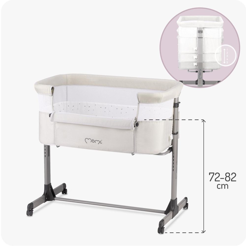 MoMi REVO 2in1 Babybett - 6 Höhenstufen, Einfach und Stabilmit, Matratze, Moskitonetz & Spielzeugbar - Hellgrau