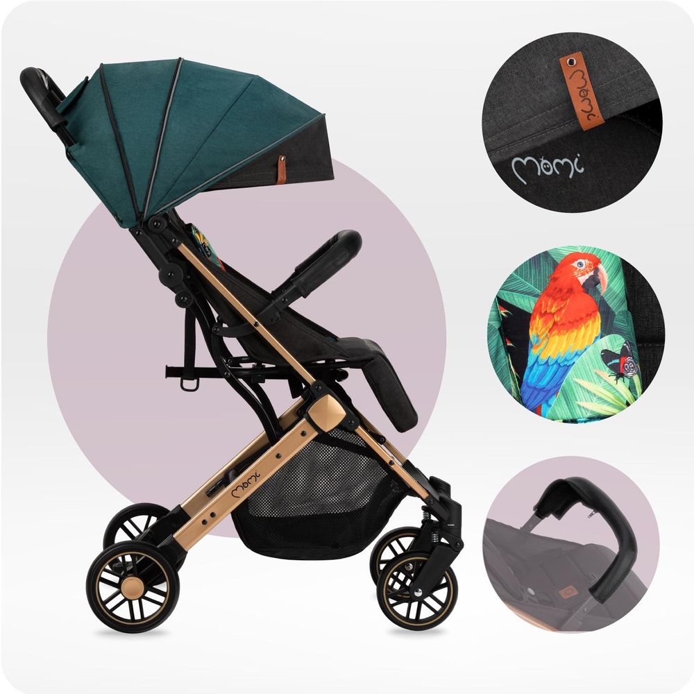 MoMi ESTELLE – Ultraleichter Baby Kompaktbuggy 7,7 kg mit Einhand-Faltung, Trolley-Funktion & Liegeposition, ideal für Reisen – Grün/Gold