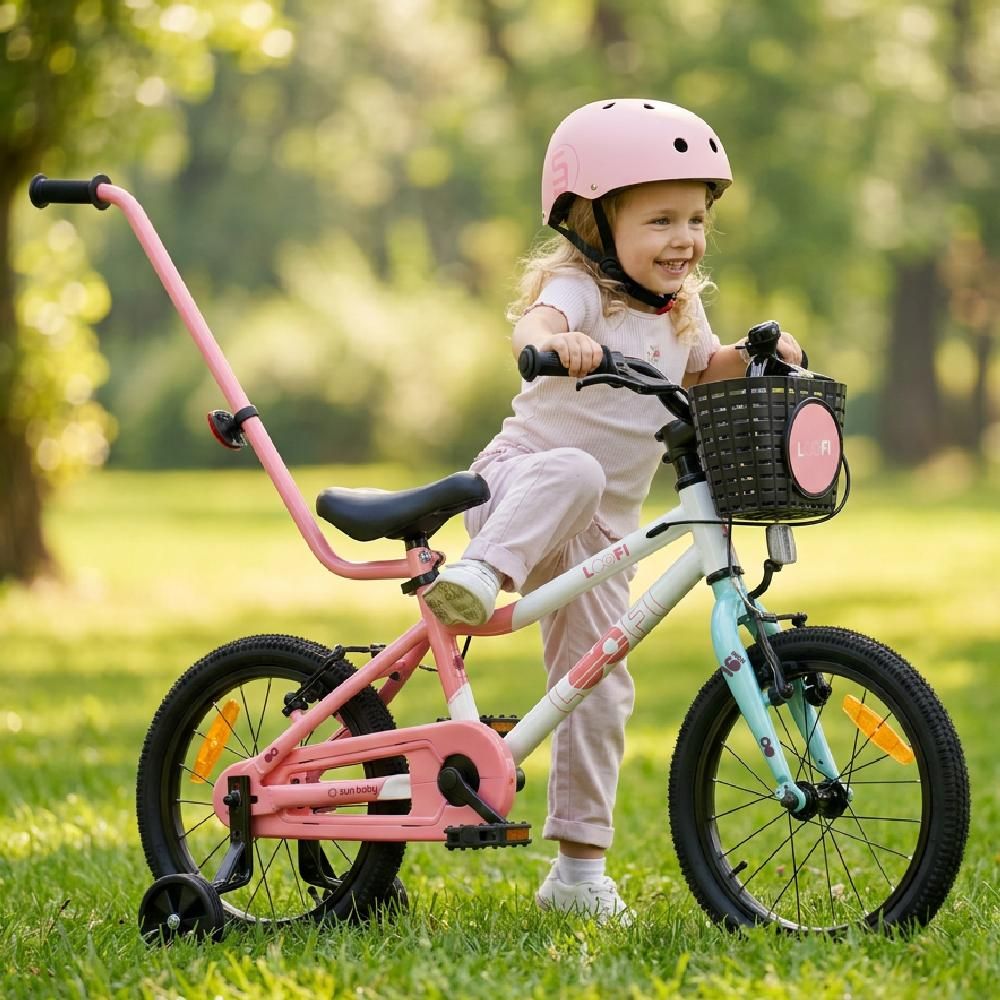 SUN BABY LOOFI Dětské kolo 16 palců, lehké hliníkové kolo o hmotnosti 6,9 kg pro děti od 4 let, s pomocnými kolečky, košíkem, zvonkem, pro holčičky