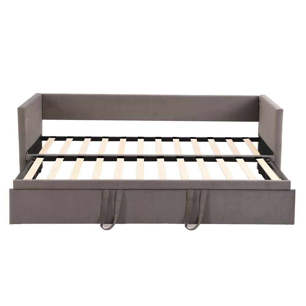 INONEFT Schlafsofa 90/180 x 200 cm, Tagesbett Ausziehbar Sofabett mit Lattenrosten, Polsterbett für Erwachsene, Samtstoff, ohne Matratze, Grau