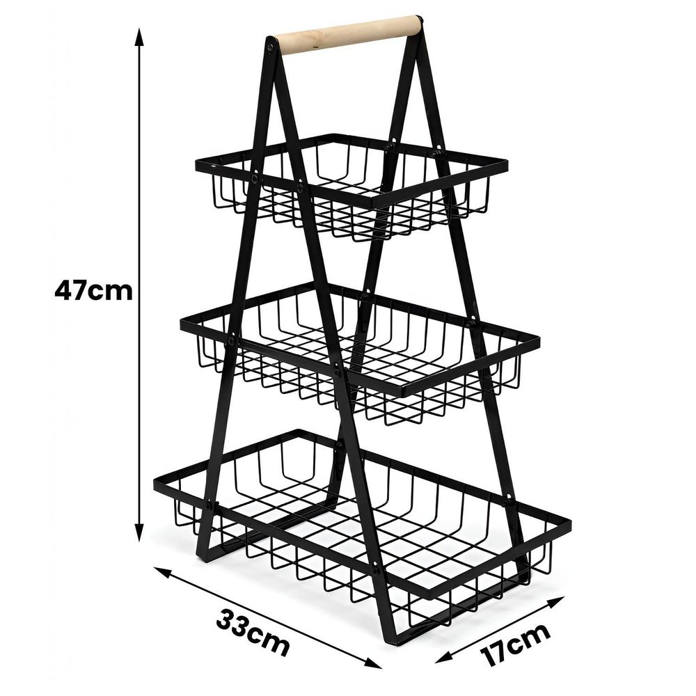 WELLHAUS 3-Etagen Obst Etagere aus Kohlenstoffstahl – Abnehmbarer Obstkorb für Obst, Gemüse & Snacks, Schwarz