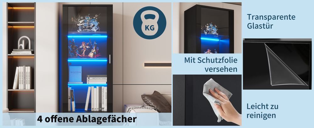 okwish Vitrine,Schwarze Hochglanzvitrinen mit Glastüren und LED-beleuchtete,Bücherregale und Acryl-Vitrine mit schwarzen Hochglanztüren,Schwarz
