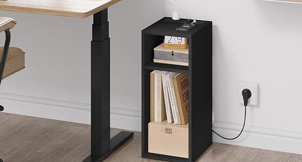 WOLTU Nachttisch mit Ladefunktion, schmaler Beistelltisch, Stauraum 2 offene Fächer, Schwarz