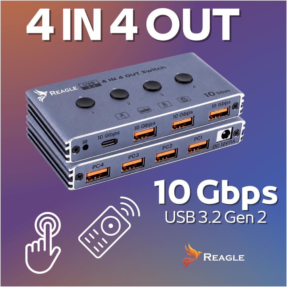 USB 3.2 10 Gbit/s KVM-Switch 4x4 mit Fernbedienung, 4 USB-Anschlüsse, Hub-Adapter von REAGLE