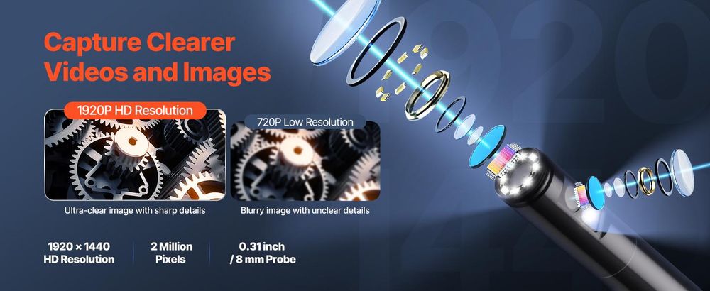 VEVOR Endoskopkamera mit Licht, Dual-Linsen-Boreskop für Android & IOS, 1920P HD Inspektionskamera mit 8 + 1 LED-Licht, 2X Zoom, 5m Schlangenkabel, IP67 wasserdichte Schlangenkamera für Auto, Sanitär, 5 m, Doppellinse