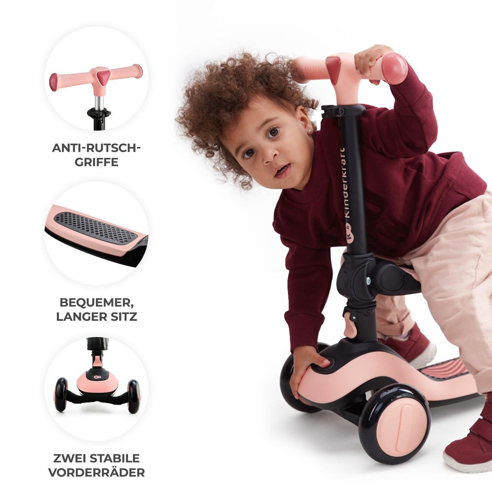 Kinderkraft HALLEY 2in1 - Laufrad & Dreirad Roller, für 1- bis 5-Jährige, leuchtende PolyurethanRäder, verstellbarer Lenker, nur 3 kg leicht - Weiß